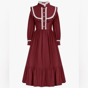 Scarlet Darkness Burgundy Prairie Pioneer Colonial Style Dress with White Lace